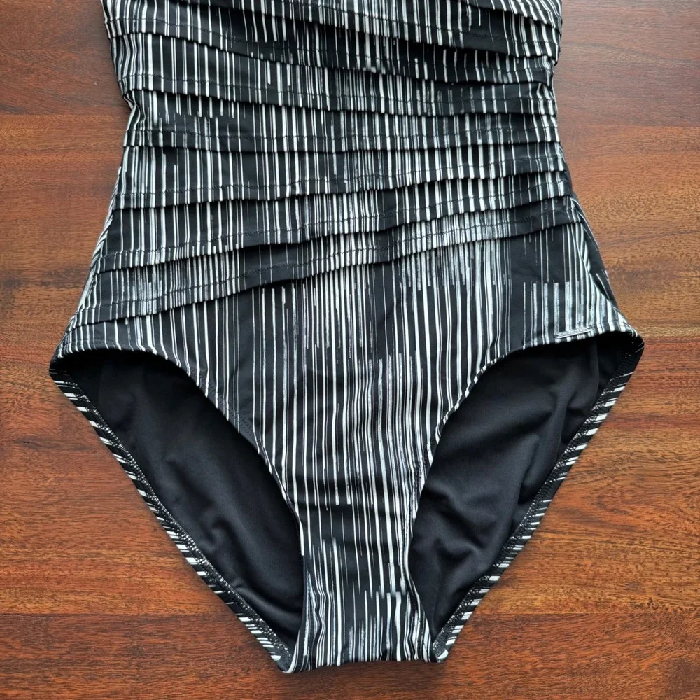 Calvin Klein One-Shoulder One Piece Swimsuit Black Multi Dry Brush Size 12 - Picture 4 of 6